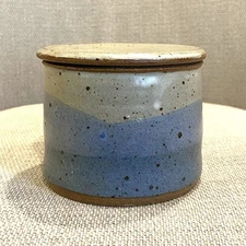 Studio Art Pottery Stoneware Butter Bell French Crock Blue Tones Artist Signed