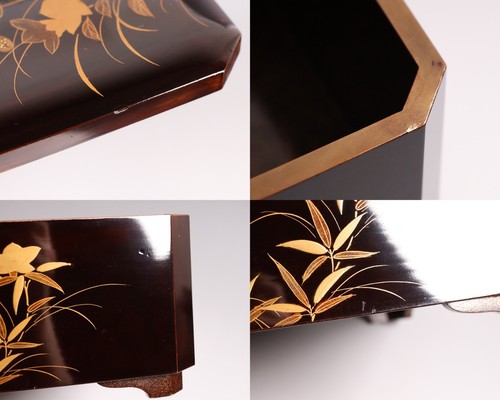 Japanese Lacquer Sweets Box 10.9inch Gold Moon&Geese Tea Ceremony Meiji Era 19th - Picture 23 of 24