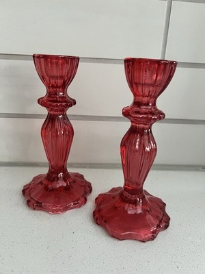 Romantic Red Art Glass Candlesticks Pair 6.5 Inch Tall Great For Valentine's Day