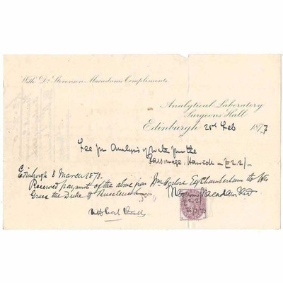 1873 Billhead, Stevenson's Analytical Laboratory, Surgeons Hall EDINBURGH