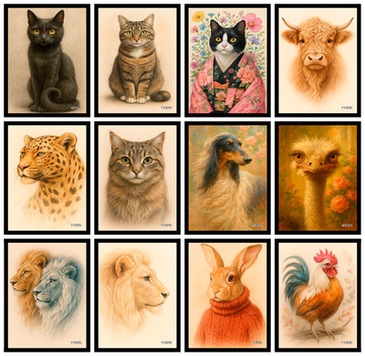 Vintage Trendy Tier Poster Katze Hund Hase Wandbild Wohndeko Druck A4 A3 A5