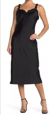 Betsey Johnson Women's Ruffle Strap Satin Slip Midi Dress Black FR03W15 Sz 10