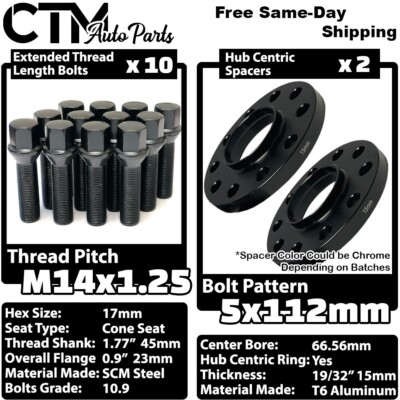 2x 15mm Thick 5x112 66.56mm C.B Wheel Spacer + 14x1.25 Black Bolt Fit Latest BMW