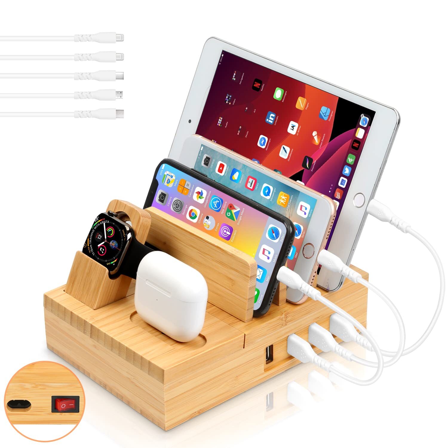 Charging Station for Multiple Devices, 6 USB Ports Wood Charging Docking Stat...-image