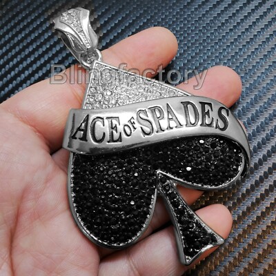 HIP HOP ICED SILVER PLATED LAB DIAMOND RAPPER'S LARGE ACE OF SPADES PENDANT