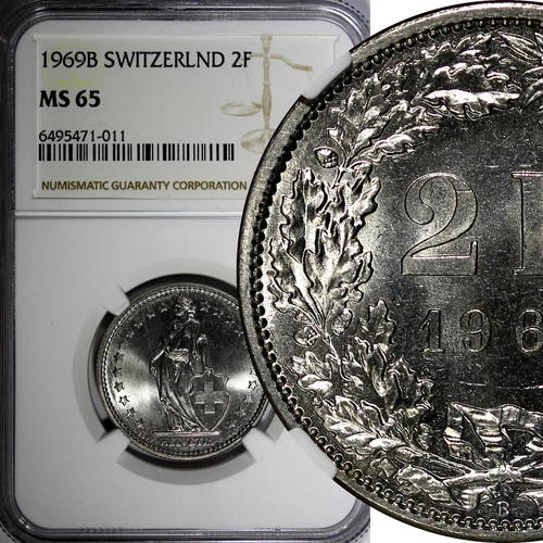 Switzerland Copper-Nickel 1969 B 2 Francs NGC MS65  KM# 21a.1 (054)