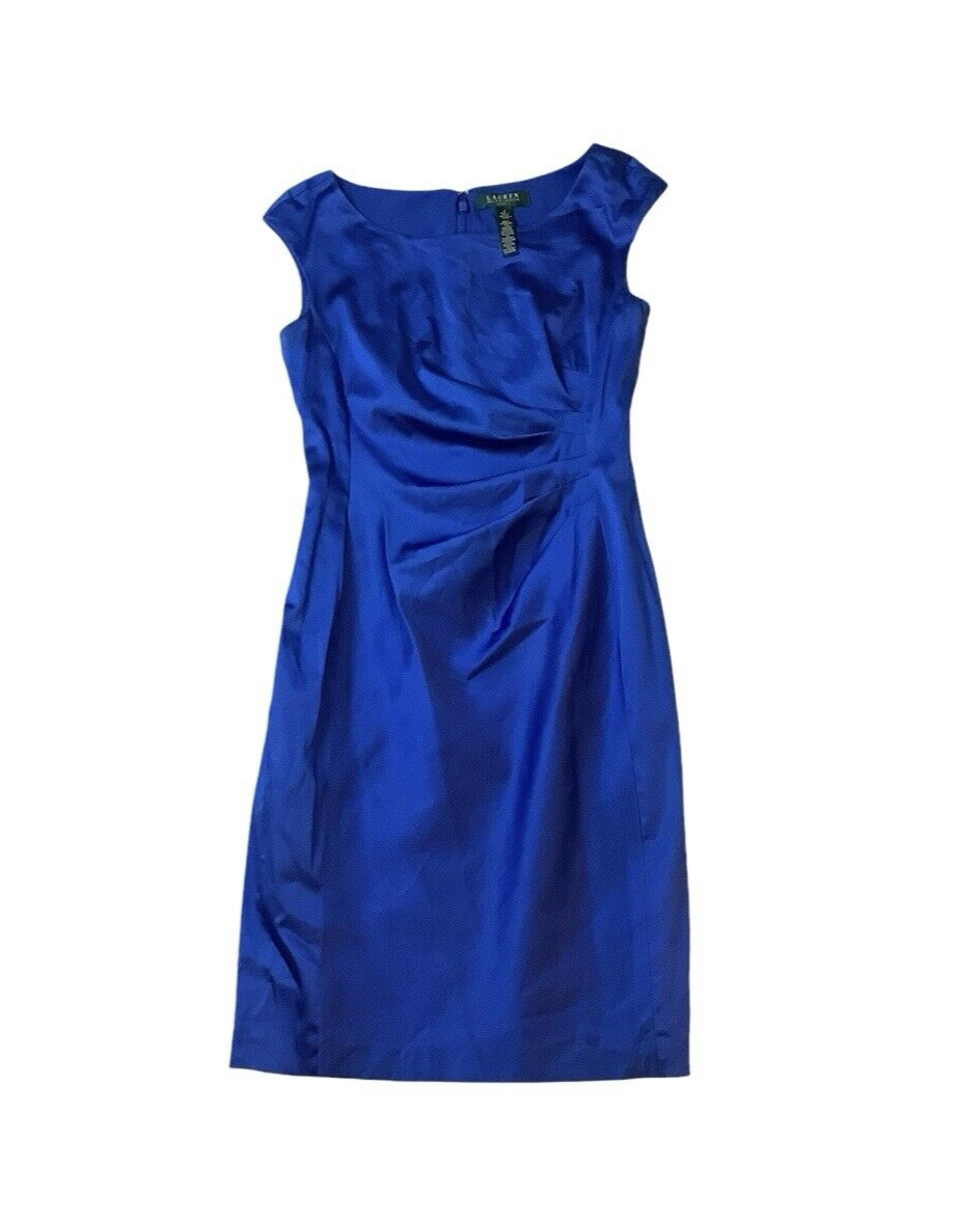 Lauren Ralph Lauren Navy Blue Satin V Neck Ruched Sheath Dress Cocktail  Size 4