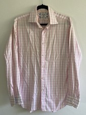 MJ Bale Men's Button Up Pink Check Dress Shirt Super Slim Sz 40 reversible cuffs
