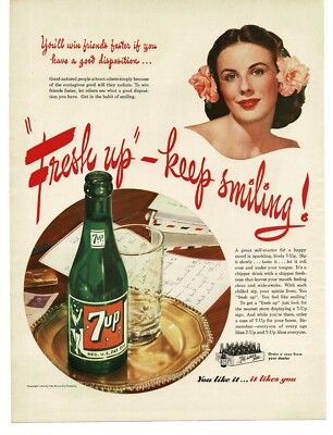 1945 7-UP 7UP Soda Fresh Up Keep Smiling Pretty Woman Vintage Print Ad 2