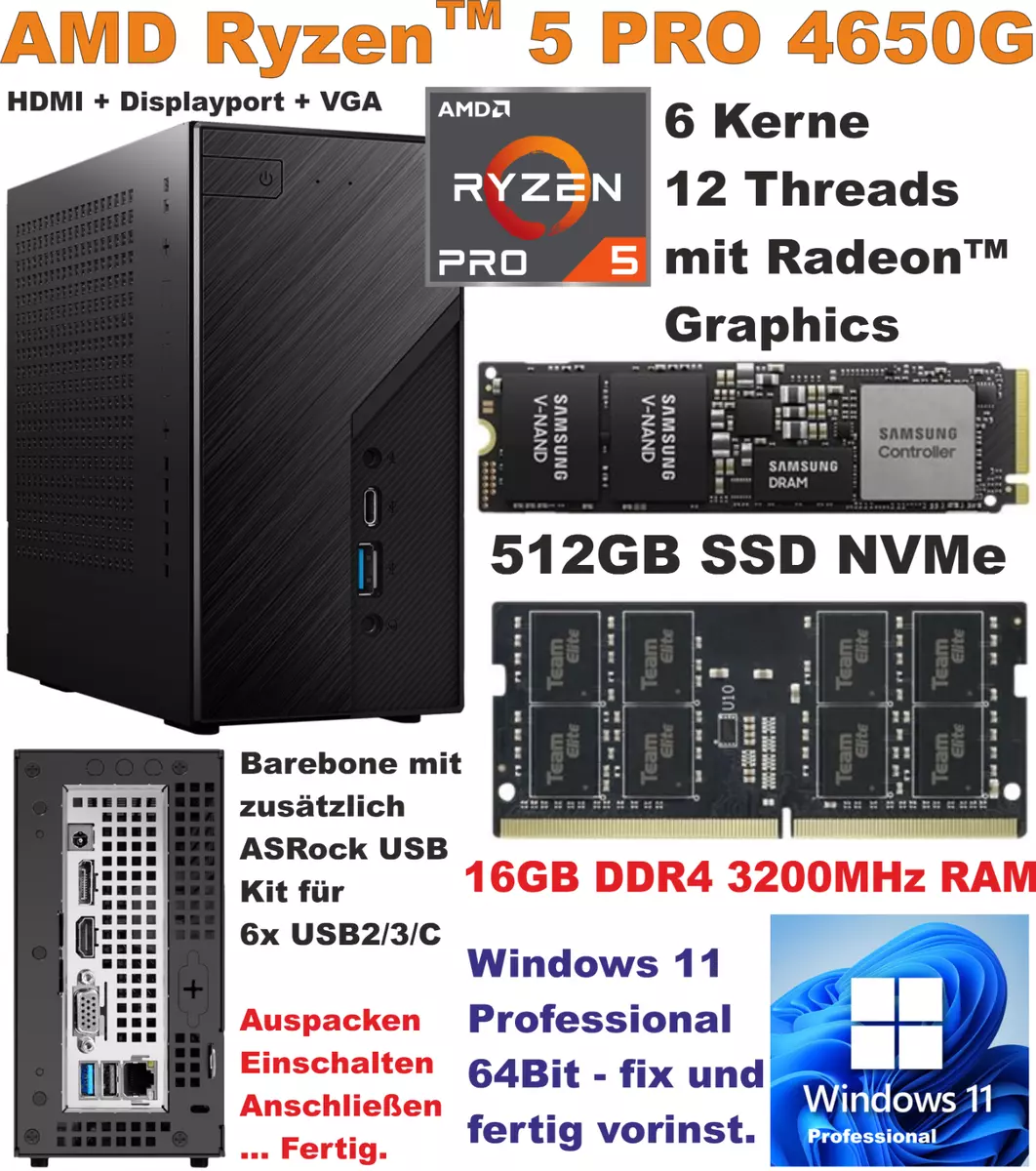 PC Asrock DeskMini X300 AMD Ryzen 5 Pro 4650G 16GB 3200 512GB SSD +USB Win11Pro