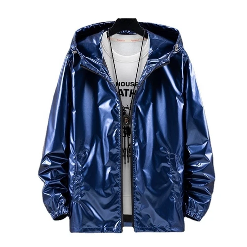 Herren glänzende Jacke Kapuze Mantel holografisch Harajuku Mode Top Freizeit - Bild 8 von 23