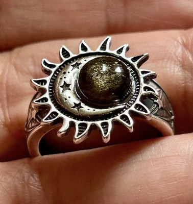 Golden Obsidian Crystal Gemstone Ring Sterling Silver S 925 Sun Moon Star Size 9