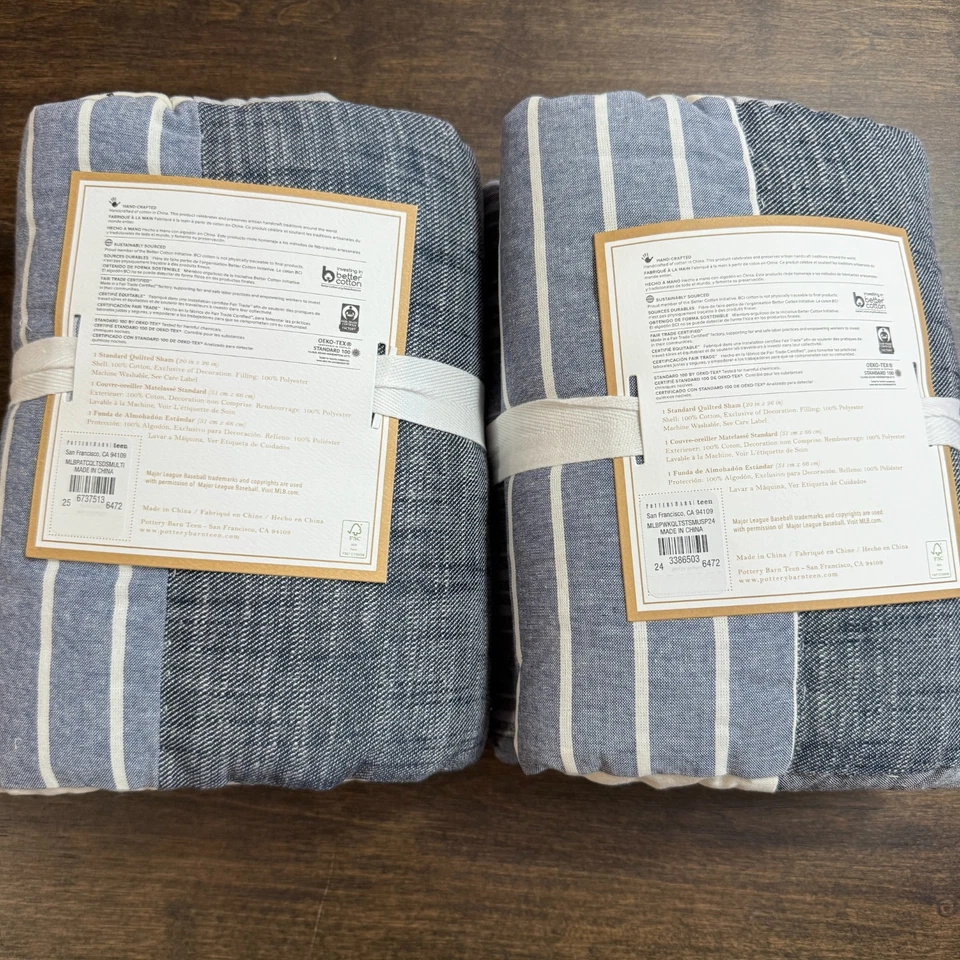POTTERY BARN TEEN MLB PATCHWORK ACOLCHADO FALSO CONJUNTO DE 2 ESTÁNDAR ~ AZUL Foto 2 de 4