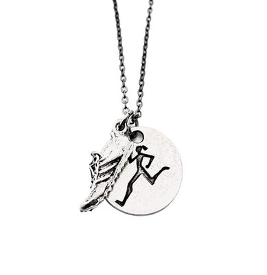 THE RUN HOME Runner Girl Running Shoe Necklace on Gunmetal Chain Pewter