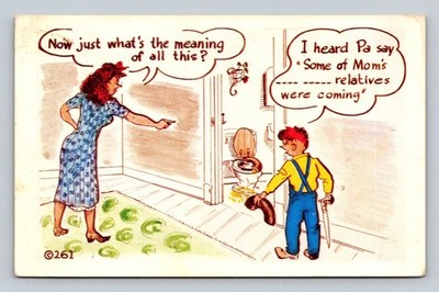 1953 KROMEKOLOR Comic Postcard Mom's Relatives Messy Toilet Humor