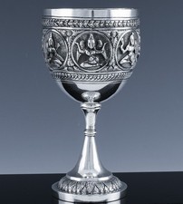 VERY FINE ANTIQUE INDIAN BUDDHA FIGURAL REPOUSSE STERLING SILVER WINE CUP GOBLET