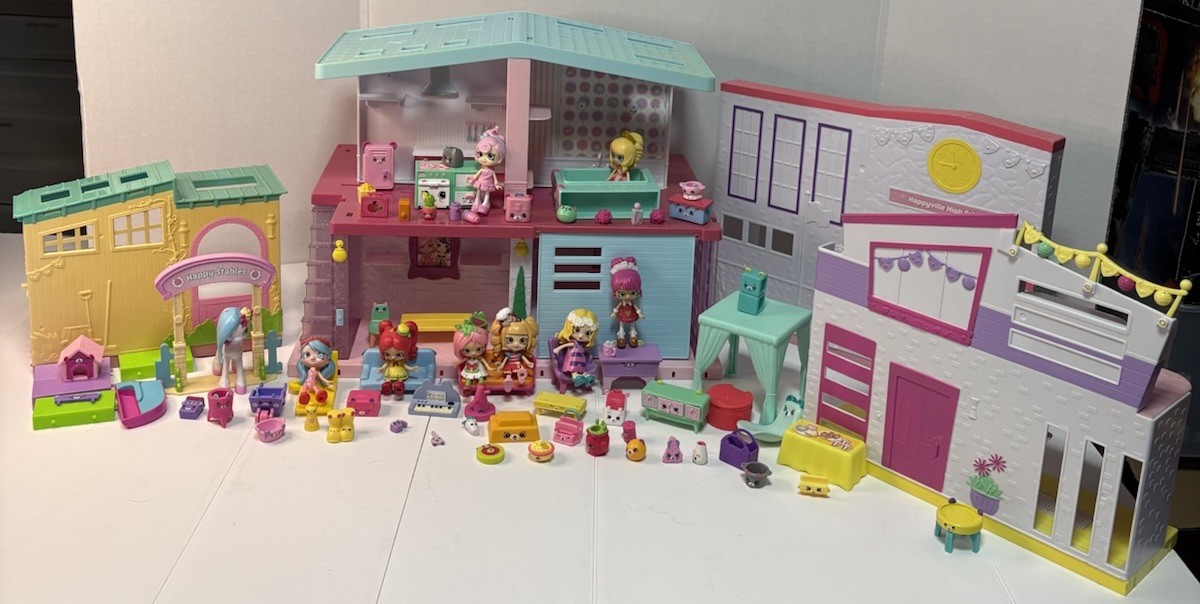 Large Lot Shopkins, Dolls, Grand Mansion, Stable, High School, Home, Accessories