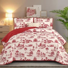 Red Leaves Botanical Toile Quilt Set with 2 Pillowcases,Farmhouse Castle Christm