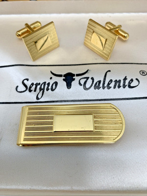 Vintage 1970s Sergio Valente Money Clip & Cuff Links Gold Tone ~ Original Box