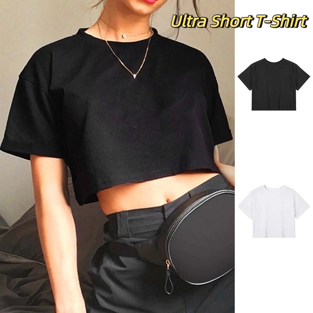 U Neck Korean Short Tops Streetwear Black White Crop Top Women