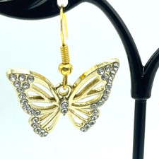 Set Gold tone Butterfly Necklace 22" Earrings Drop 1.5" Crystal Accents