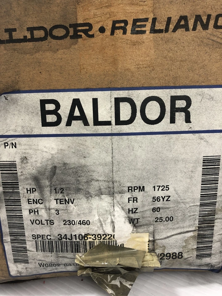 Baldor Reliance Industrial Motor 1/2 HP 56YZ 1725 RPM 34J106-3922G1 - Image 3 of 4