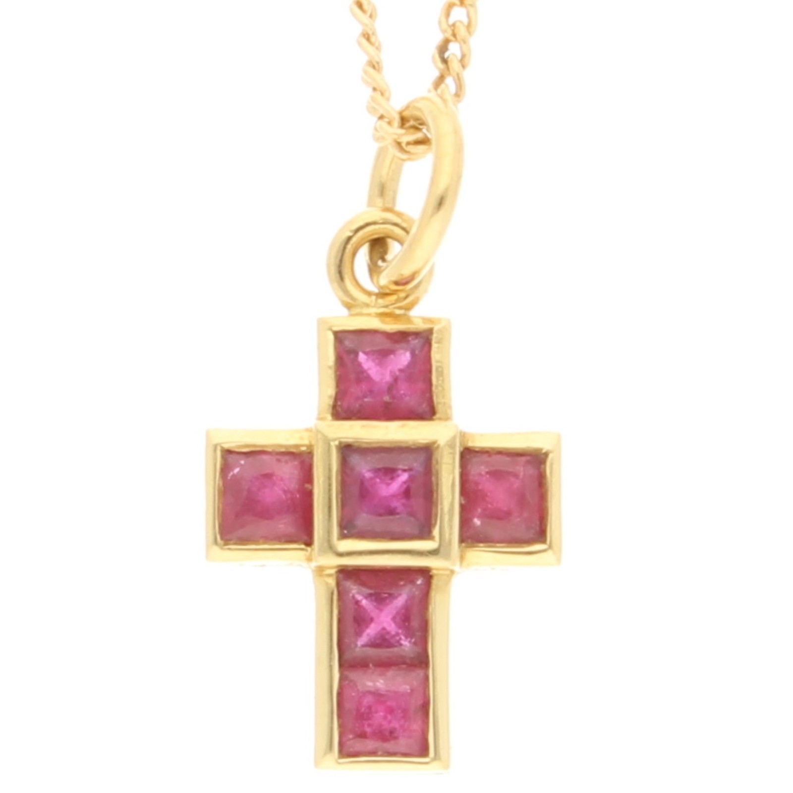 18Ct Yellow Gold Ruby Cross Pendant (9.5x12mm) w/ 18.25"" Curb Chain (1mm Wide)