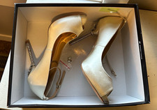 Badgley Mischka Ivory Satin Open Toe Bridal Heels Rhinestone Heel Detail