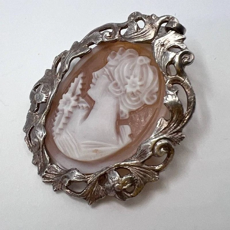 Ciondolo spilla cammeo conchiglia in argento sterling 925 vintage 1,77" ritra... - Immagine 3 di 4