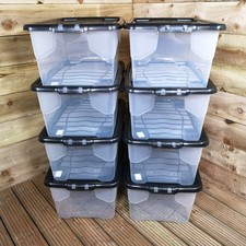 Image of 8 x 42L Clear Storage Box with Black Lid Stackable and Nestable Storage Solution