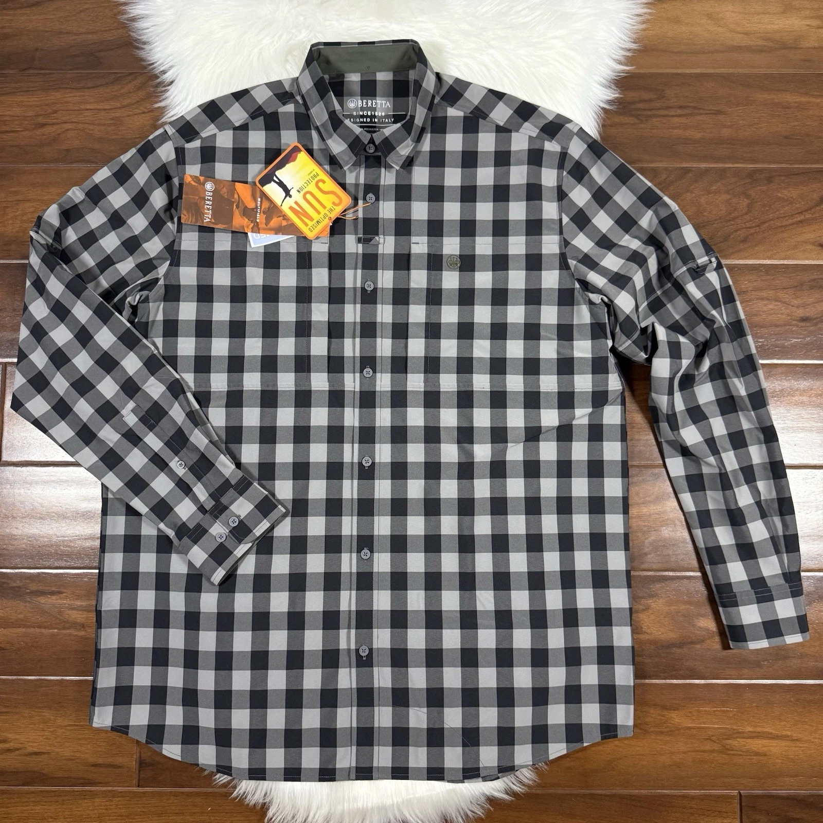Beretta Men's Size XL Gray Black Check Hovis Flex Button Up Shirt Long Sleeve