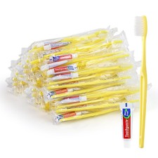 Yellow Disposable Toothbrushes with Toothpaste - Pack of 100,Individually Wra...