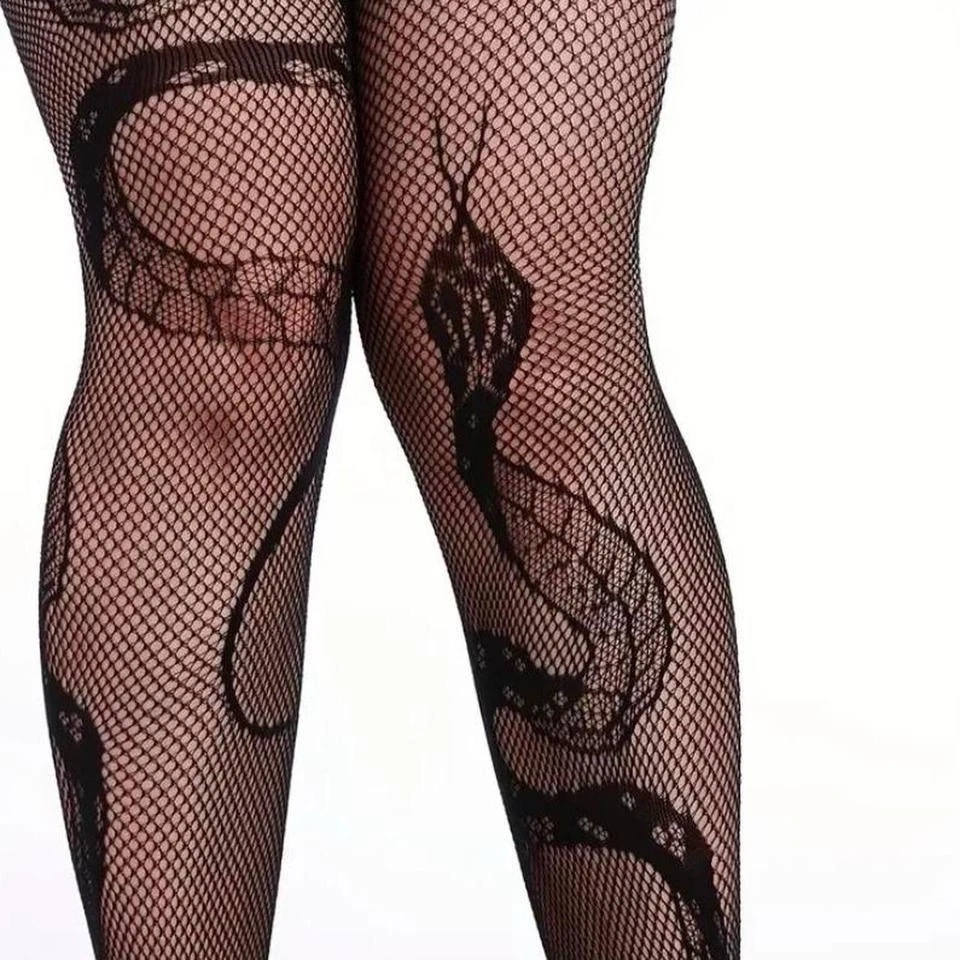 Medias de malla con estampado de serpiente, medias de red jacquard talla grande gótico punk Foto 2 de 4