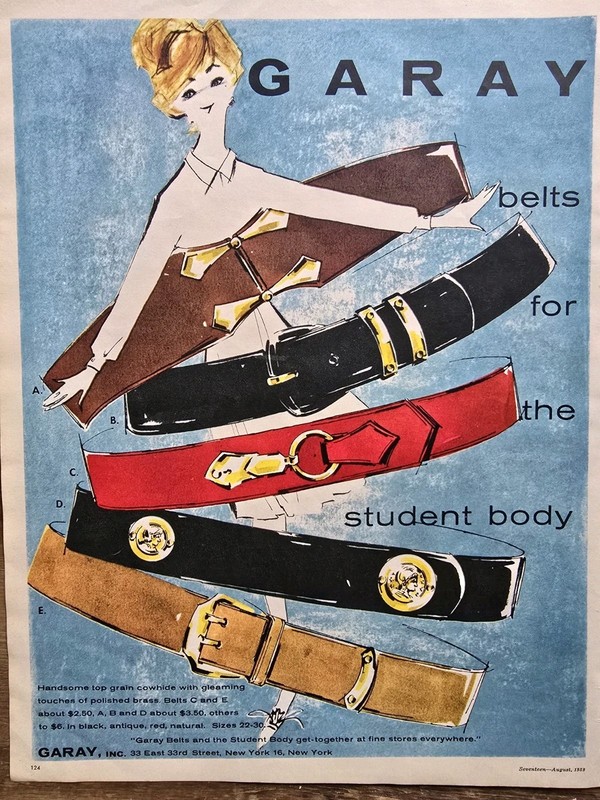 1959 Women's Garay Cowhide belts for the student body Vintage fashion art Ad 