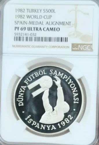 1982 TURKEY SILVER 500 LIRA FIFA WORLD CUP NGC PF 69 ULTRA CAMEO RARE TOP POP 1