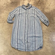 Loft Lounge Dress Sz Medium Linen Blend Blue Striped Button Down Collared Tunic