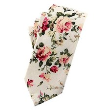 Men's Cotton Printed Floral Neck Tie Skinny Tie Beige White Floral