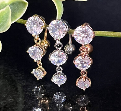 1pc Triple CZ Gems Top Drop Dangle Surgical Steel Reverse Belly Ring Navel Naval