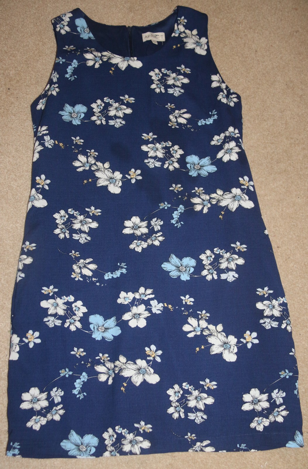 Apricot Size 12 Navy Blue Sleeveless Dress with White and Blue Floral Print Fully Lined