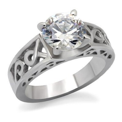Stainless Steel Round Solitaire CZ Wedding Engagement Promise Ring 