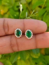 3Ct Oval Cut Green Emerald Women's Halo Stud Earrings 14K Gold Over Lab Created