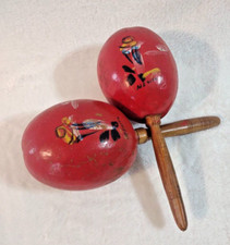 2 Maracas Mexican Wood Handle Gourd Shakers Hand Painted Oblong 10" Long