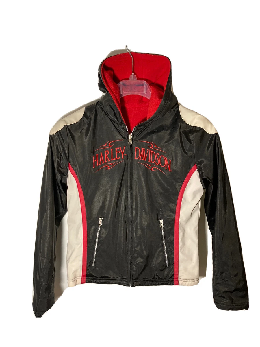 Harley Davidson Boys XL Reversible Nylon to Fleece Hooded Full Zip Biker Jacket