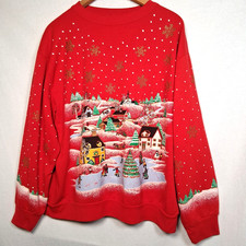 Vintage Christmas Sweatshirt L Holiday Time Cottage Village Ice Skate Glitter