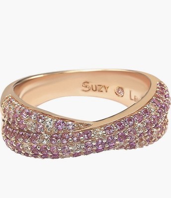 Suzy Levian 14k Rose Gold Sterling Silver Pink and White Sapphire Crossover Ring