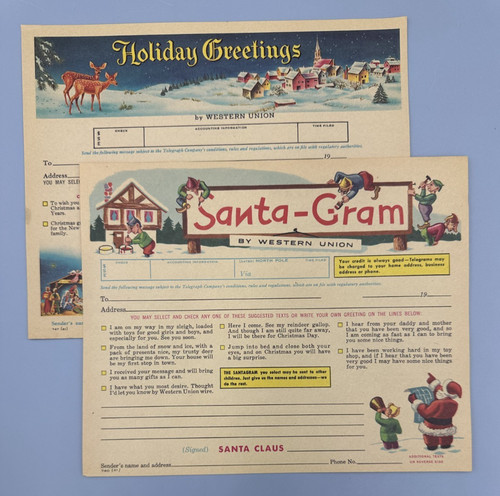 2 1961 CHRISTMAS Holiday SANTA GRAM WESTERN UNION Telegram Form Vintage