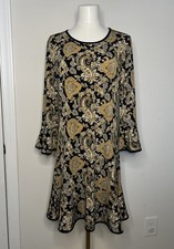 MICHAEL KORS Women's Dress 3/4 Sleeve Bell Sleeve Preppy Gold Paisley Career