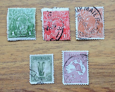Australia KGV Heads & High Values &ndash; 1d&ndash;2/- Mixed Used Lot (5 Stamps)