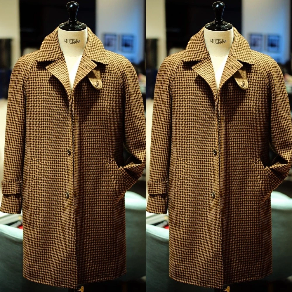 Yellow Houndstooth Men Long Overcoat Casual Outwear Wool Winter Men Long Jacket