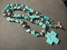 VINTAGE TURQUOISE Sterling Silver BEAD NECKLACE W Cross PENDANT Jewelry - NR